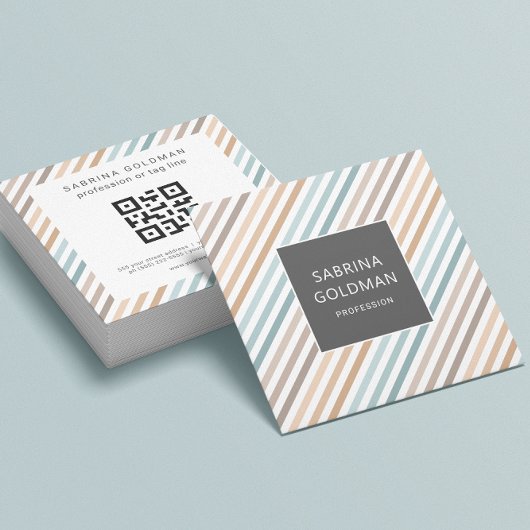 Carte De Visite Carré Pastel Blue Grey Gold Stripes QR CODE