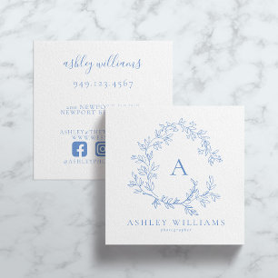 Carte De Visite Carré Pastel Blue Monogram Floral Crest Professional