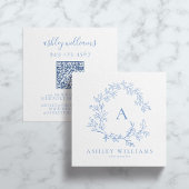 Carte De Visite Carré Pastel Blue QR Code Monogramme Floral Crest