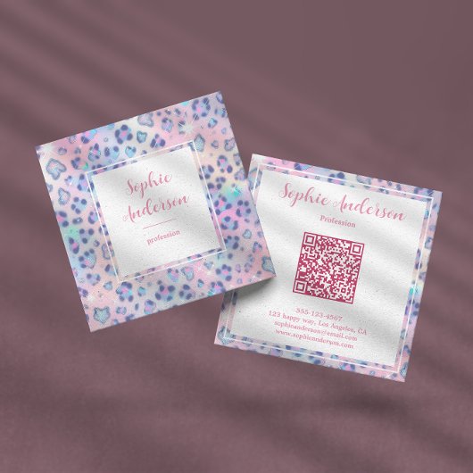 Carte De Visite Carré Pastel Glitter Leopard Print with Qr Code