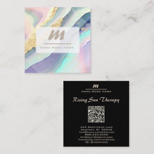 Carte De Visite Carré *~* PASTEL Rainbow Marble QR Luxe Initial AP66 (Devant / Derrière)