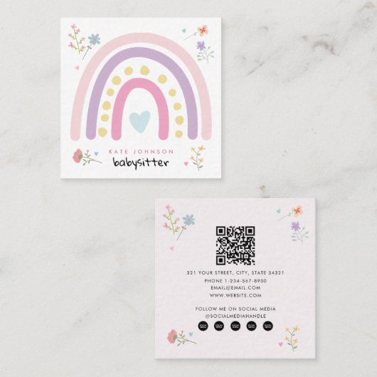 Carte De Visite Carré Pastel Rainbows Girly Fleurs sauvages Babysitter (Devant / Derrière)