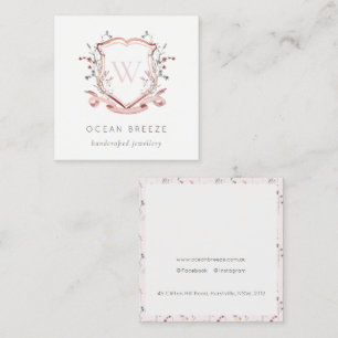 Carte De Visite Carré Pastel Rose Fleur sauvage Aquarelle Crest Monogram