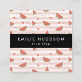 Carte De Visite Carré Pastèques Rouges, Coeurs, Bandes, Votre Nom (Devant)