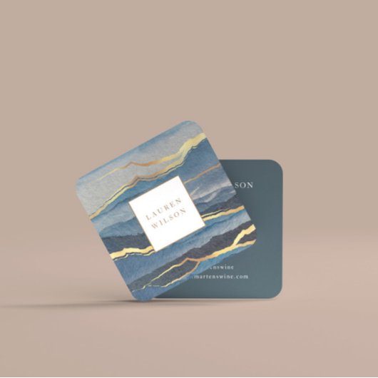 Carte De Visite Carré Paysage à l'aquarelle Carré de feuille d'or faux