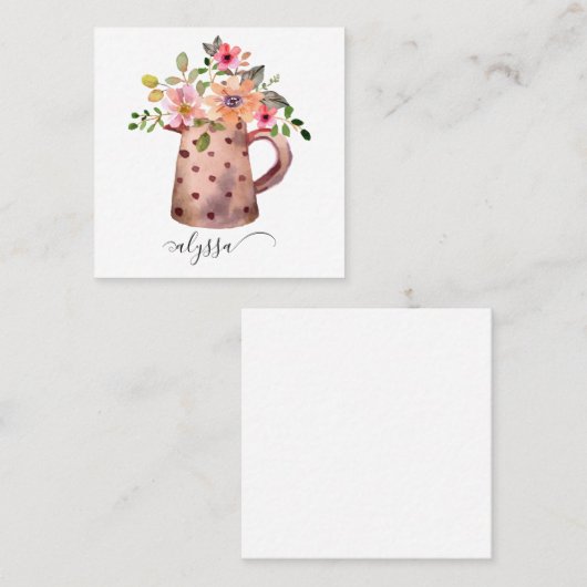 Carte De Visite Carré Pêche rustique et aquarelle mauve Florale (Devant / Derrière)