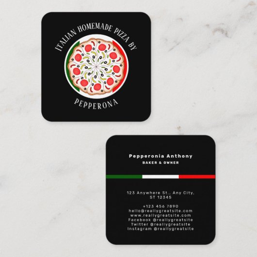 Carte De Visite Carré Pepperoni pizza drapeau italien noir professionnel (Devant / Derrière)