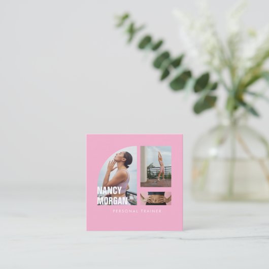 Carte De Visite Carré Personal Trainer Photo Collage Pink (Debout devant)