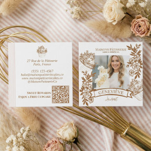 Carte De Visite Carré Photo de cupcake de boulangerie florale dessinée à