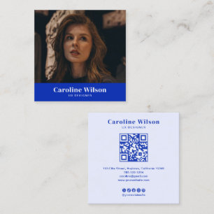 Carte De Visite Carré Photo minimaliste moderne bleu professionnel QR Co