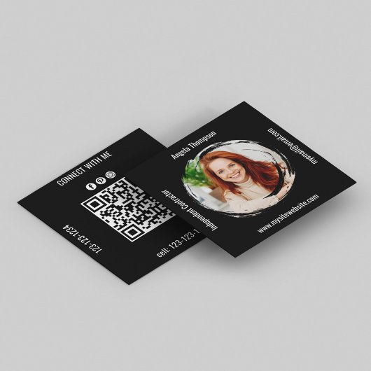 Carte De Visite Carré Photo QR Code Black Connect with Me Business