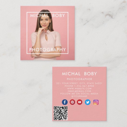 Carte De Visite Carré Photo simple moderne Code QR Médias sociaux (Devant / Derrière)