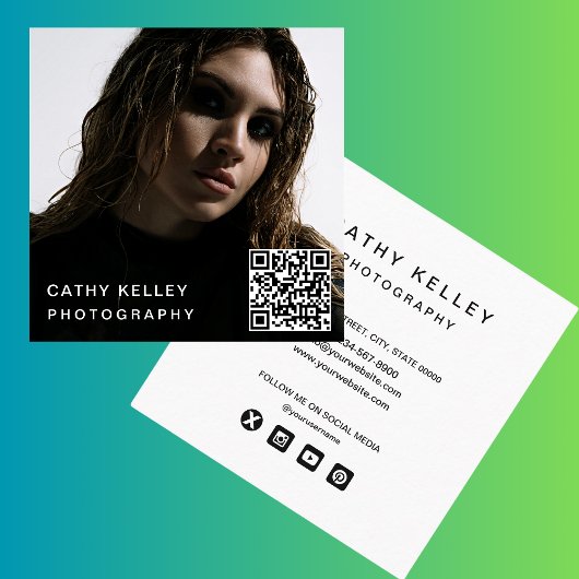 Carte De Visite Carré Photo simple moderne Code QR Médias sociaux