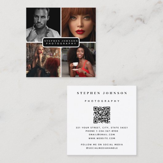 Carte De Visite Carré Photographe 4 Photos QR Code Médias sociaux (Devant / Derrière)
