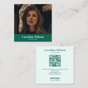 Carte De Visite Carré Photographe émeraude minimaliste moderne QR Code p