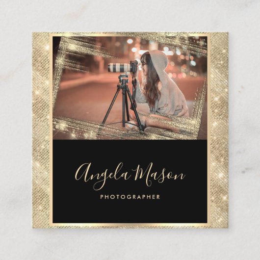 Carte De Visite Carré Photographe Photo QR Code Black Gold Unique (Devant)