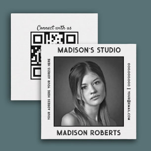 Carte De Visite Carré Photographe QR code personnalisé photo blanc fumée