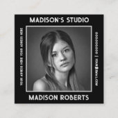 Carte De Visite Carré Photographe QR code personnalisé photo noir chic (Devant)