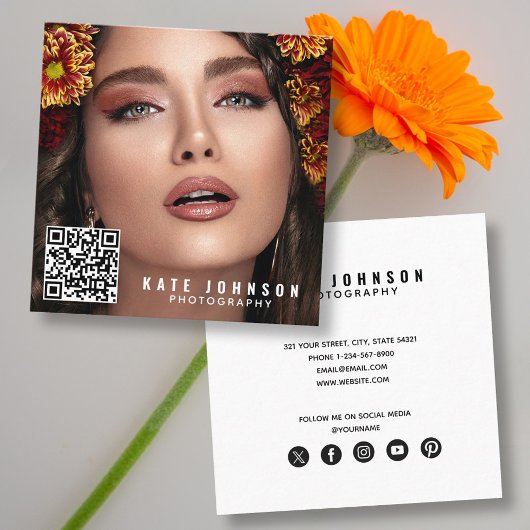 Carte De Visite Carré Photographie moderne Photo simple Code QR minimal