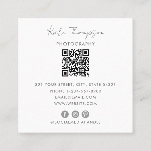 Carte De Visite Carré Photographie professionnelle Code QR Script (Dos)