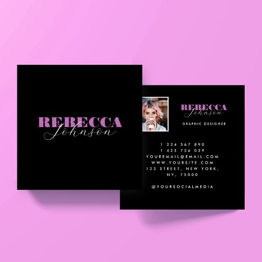 Carte De Visite Carré Pink & Black Script Photo Square Business Card