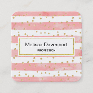 Carte De Visite Carré Pink Blush Stripes with Faux Gold Confeti