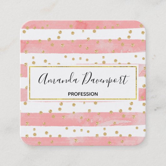 Carte De Visite Carré Pink Blush Stripes with Faux Gold Confeti (Devant)