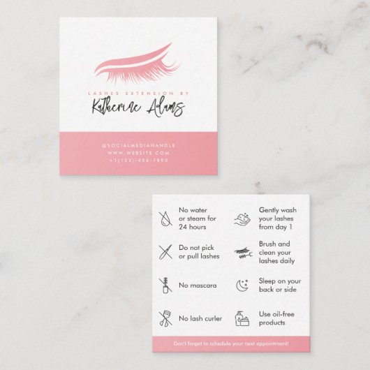 Carte De Visite Carré Pink Eyelash Extension enseignement post-soins (Devant / Derrière)