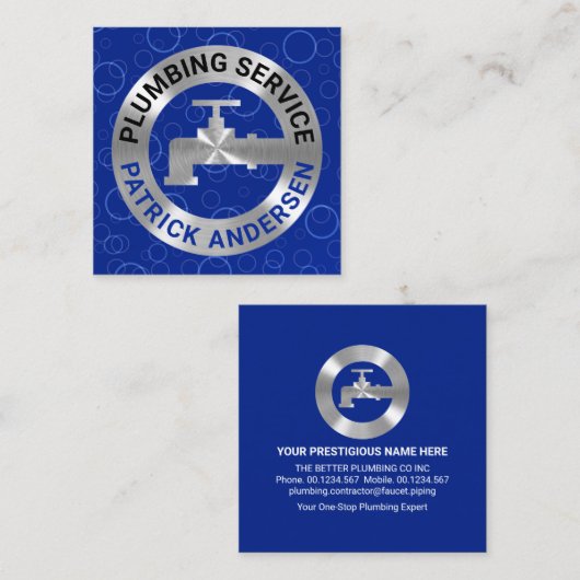 Carte De Visite Carré Pipeline En Argent En Eaux Bleues (Devant / Derrière)
