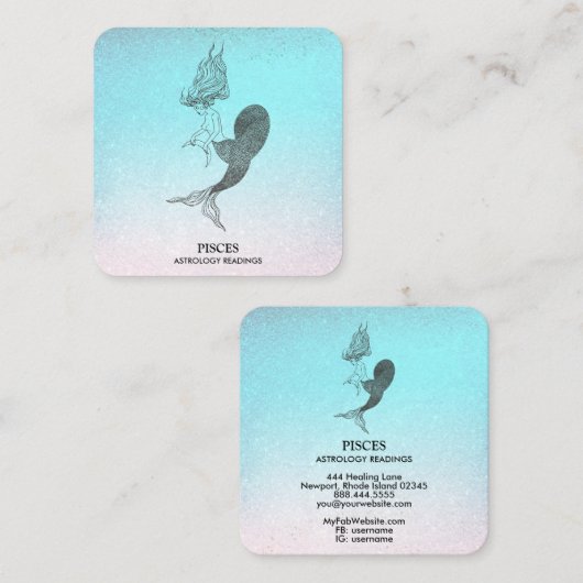 Carte De Visite Carré *~* PISCES Zodiac Astrologie Lecture Aqua Parties (Devant / Derrière)