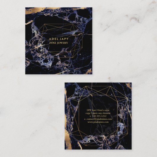 Carte De Visite Carré PixDezines Marbre Bleu+Faux Gold Gemstone Facet (Devant / Derrière)