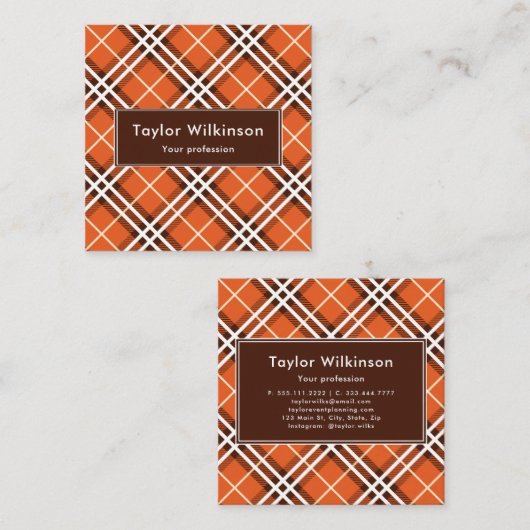 Carte De Visite Carré Plaid Orange (Devant / Derrière)