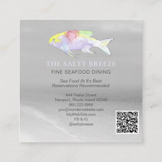 Carte De Visite Carré *~* PLANCHER Poisson Plage Sable Argent Mer Dîner  (Dos)