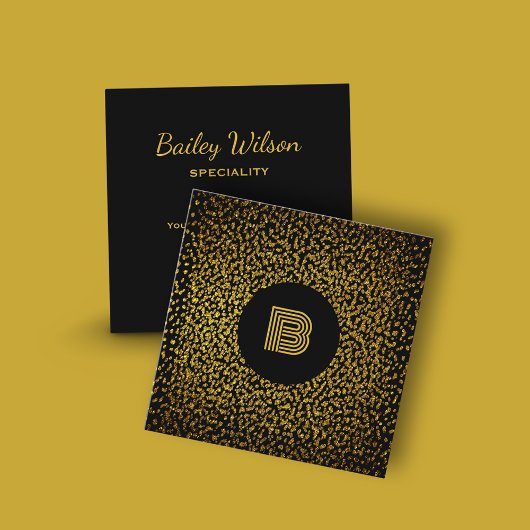 Carte De Visite Carré Pois dorés monogramme moderne noir