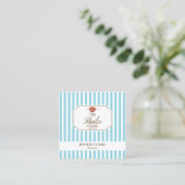 Carte De Visite Carré Preppy Brown & Blue Stripes Bakery Logo QR Code (Debout devant)