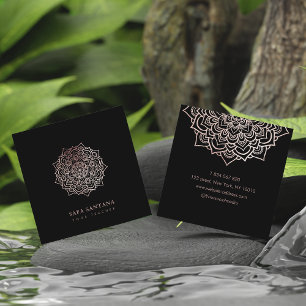 Carte De Visite Carré Professeur de Yoga Rose Gold Glitter Mandala