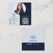 Carte De Visite Carré Professional Grey Blue ajoutez votre photo QR Code (Devant / Derrière)