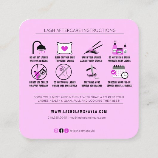 Carte De Visite Carré Prolongations Lash après soins Fuchsia rose (Dos)