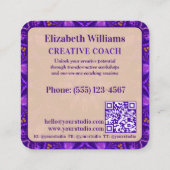 Carte De Visite Carré Purple Gold Mandala Creative Coach avec code QR (Dos)