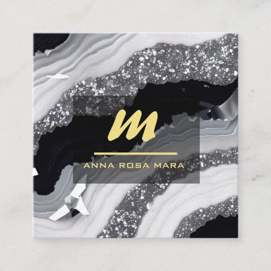 Carte De Visite Carré *~* QR Agate Black White Gold Parties scintillant (Devant)