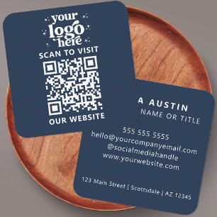 Carte De Visite Carré QR Code Business Logo Professionnel Moderne Bleu