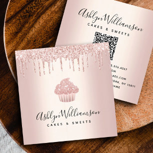 Carte De Visite Carré QR Code Cupcake Rose Gold Boulangerie Chef Parties