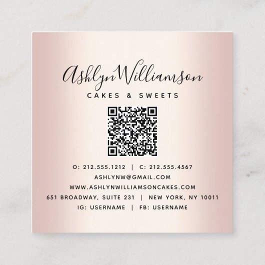 Carte De Visite Carré QR Code Cupcake Rose Gold Boulangerie Chef Parties (Dos)