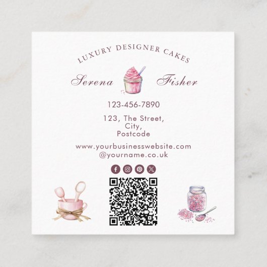 Carte De Visite Carré QR Code Gâteau Baker Polka Pot Chic Rose (Dos)