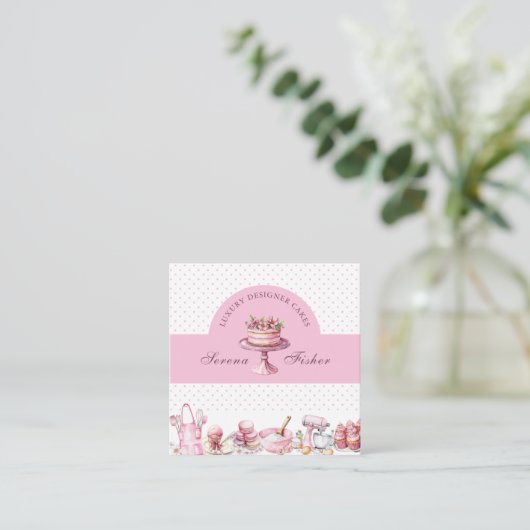 Carte De Visite Carré QR Code Gâteau Baker Polka Pot Chic Rose (Debout devant)