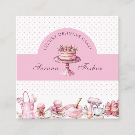 Carte De Visite Carré QR Code Gâteau Baker Polka Pot Chic Rose (Devant)
