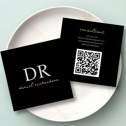 Carte De Visite Carré Qr Code Moderne Noir & Or Monogramme Initial