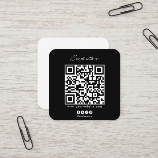 Carte De Visite Carré QR Code noir blanc Suivre l'analyse pour se connec (Devant/Arrière en situation)
