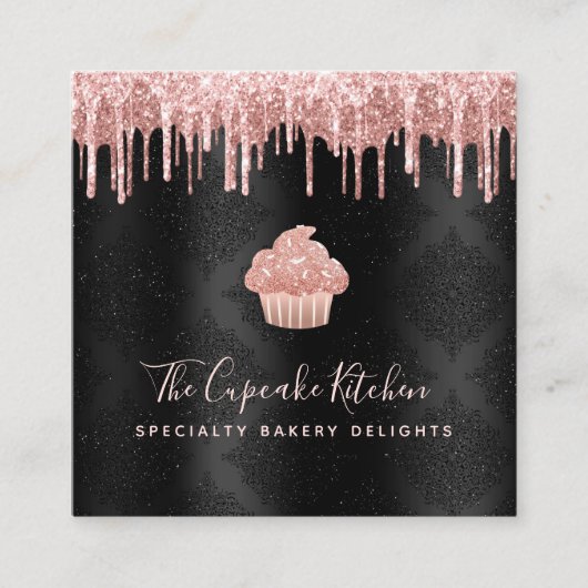 Carte De Visite Carré QR Code Pink Cupcake Glitter Drips Bakery Black (Devant)