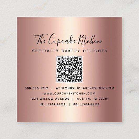 Carte De Visite Carré QR Code Pink Cupcake Glitter Drips Bakery Black (Dos)